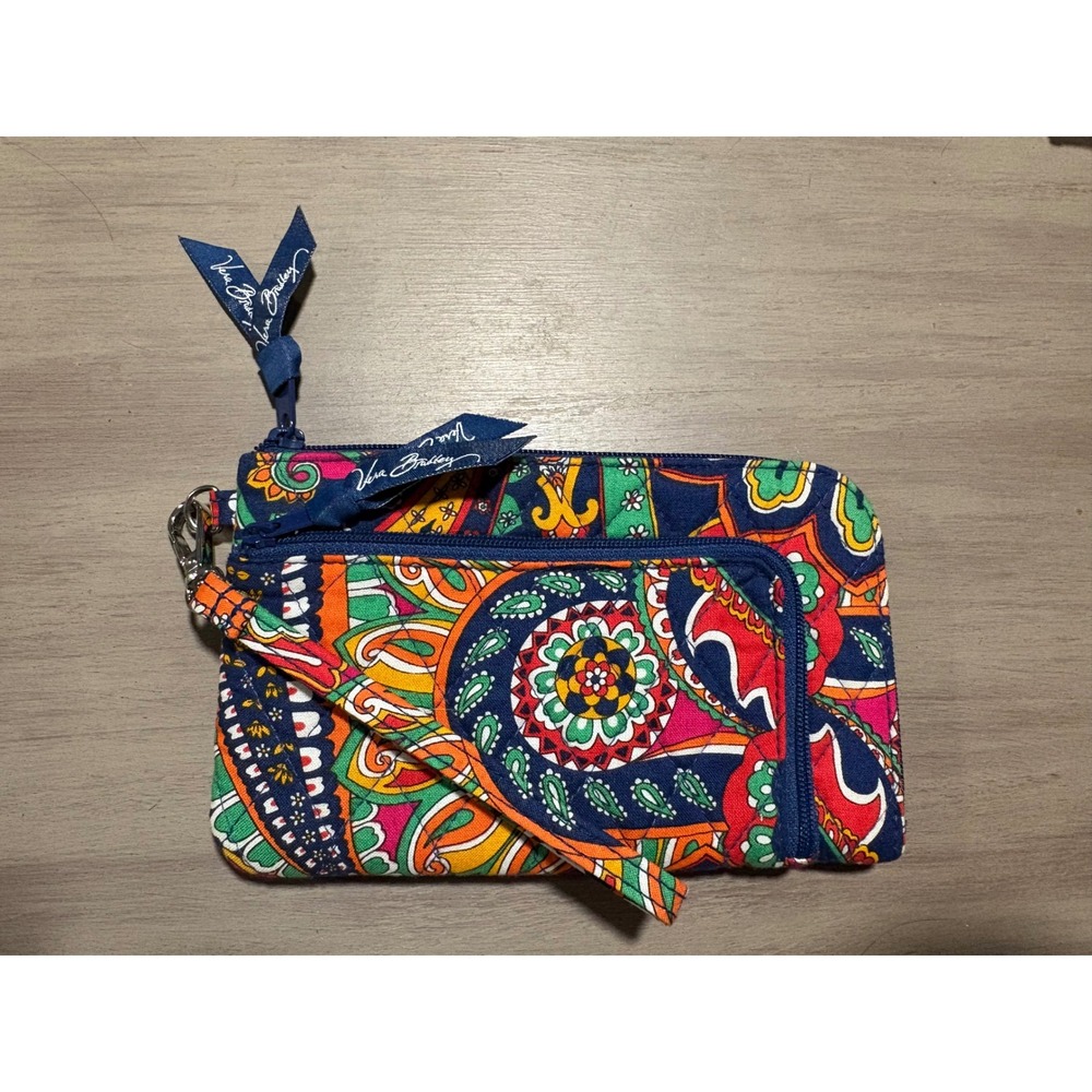 Vera‎ Bradley Quilted Cotton Paisley Wristlet Wallet Navy Blue Orange Green